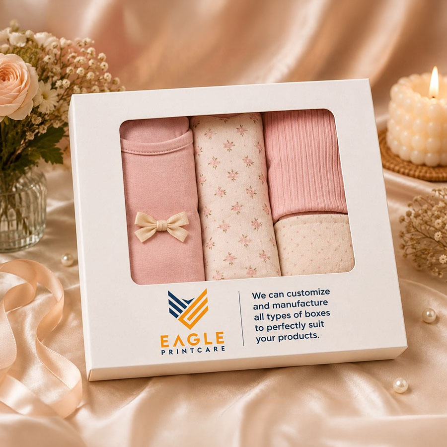 Textile packaging window box with custom branding