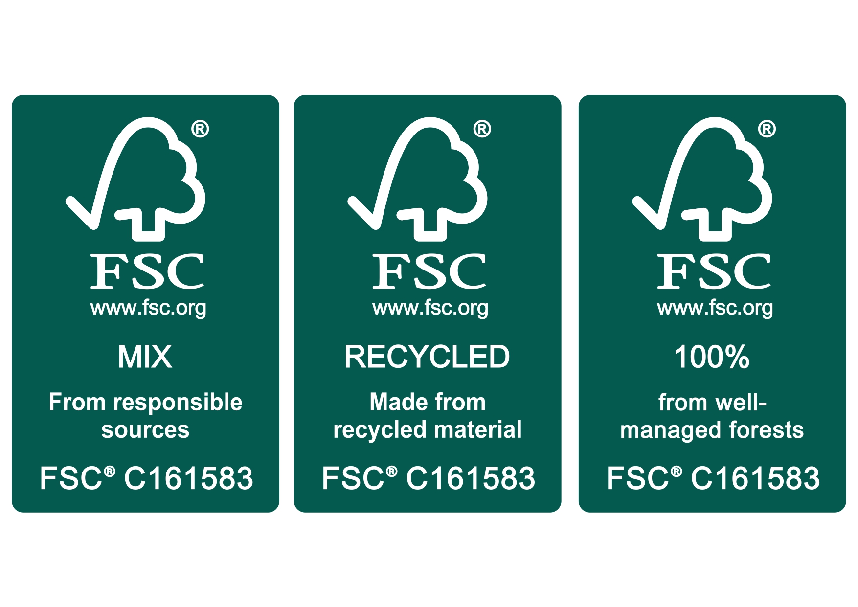 FSC Mix, FSC Recycled and FSC 100% certification labels bearing code C161583