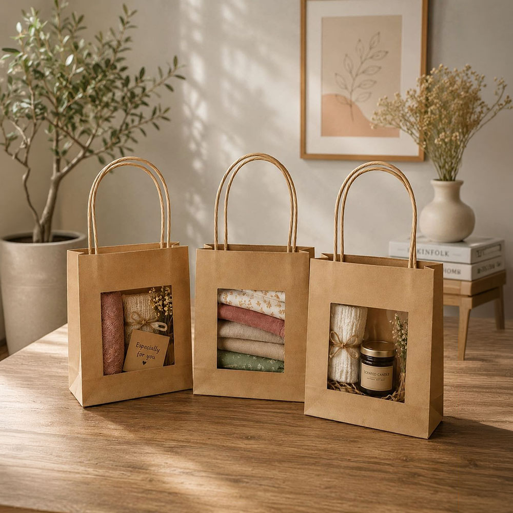 Three kraft window carry bags for textiles and gifts
