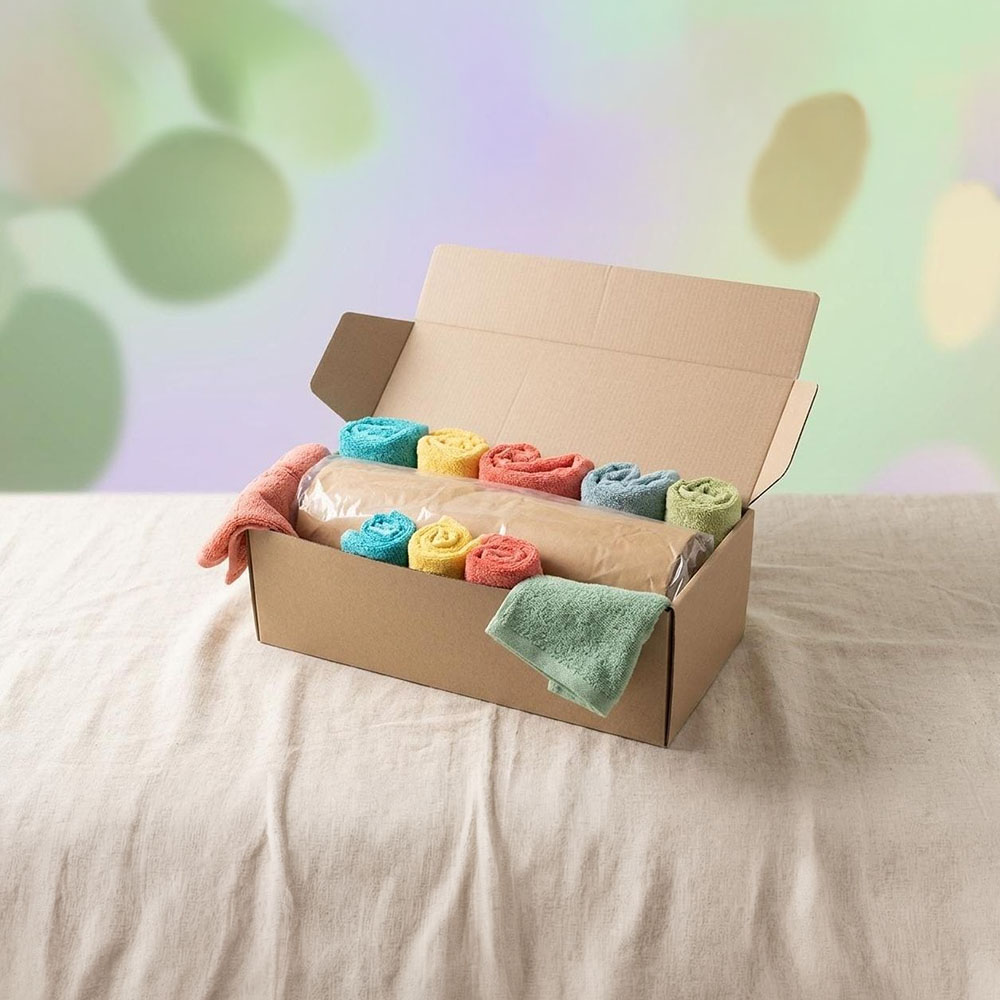 Open kraft mailer box arranged with folded textile products
