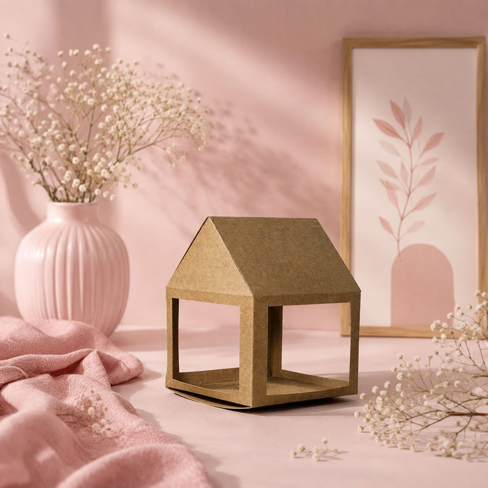 House-shaped kraft gift box in a styled display