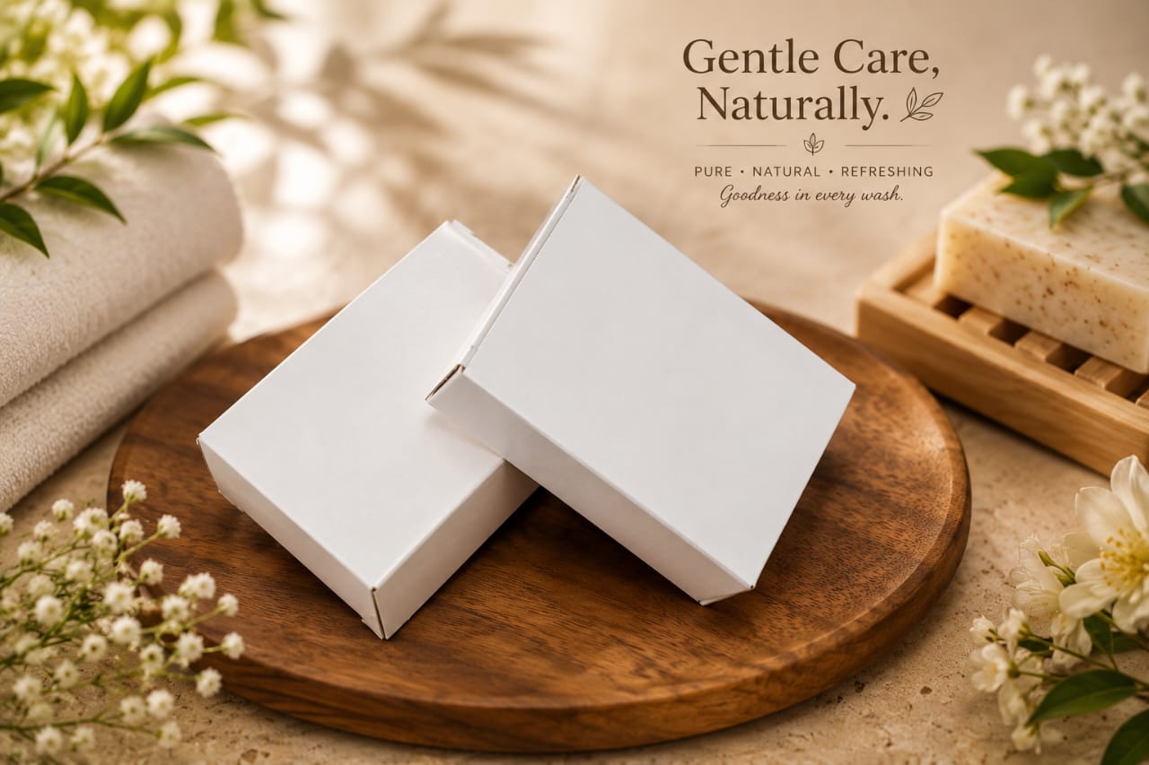 Minimal white custom soap boxes arranged on a wooden board