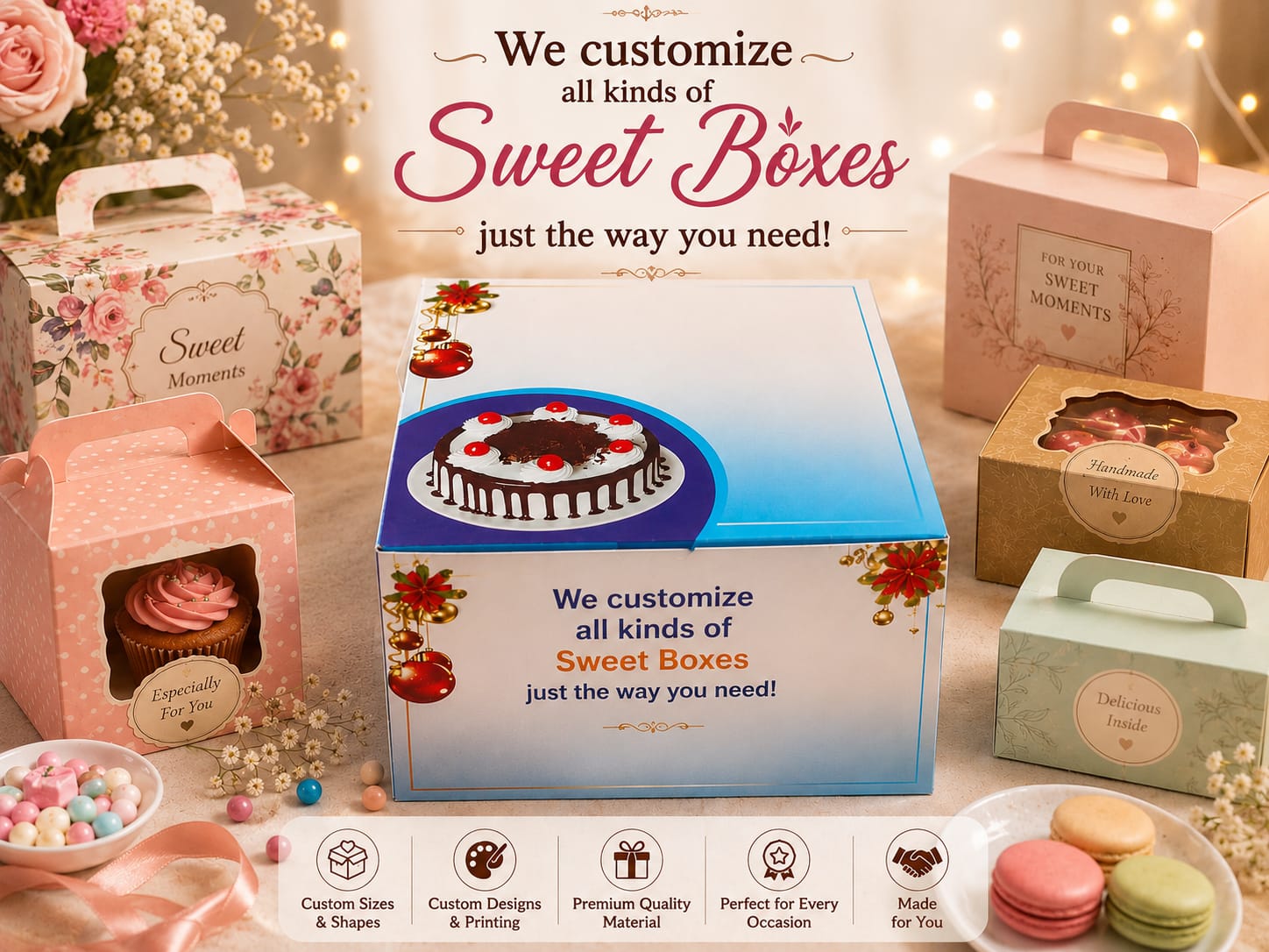 Range of colourful custom sweet boxes with handles and windows
