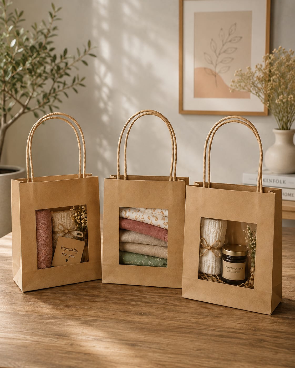 Three kraft carry boxes with paper handles and windows