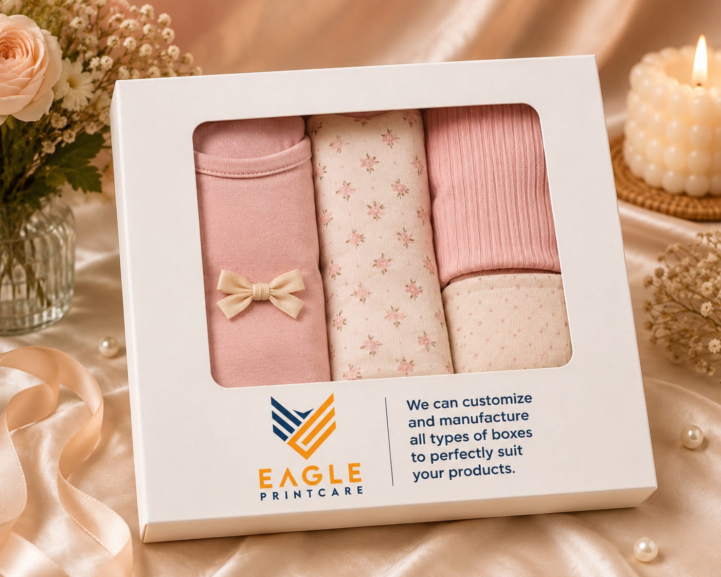White custom textile gift box with clear window and folded fabric set